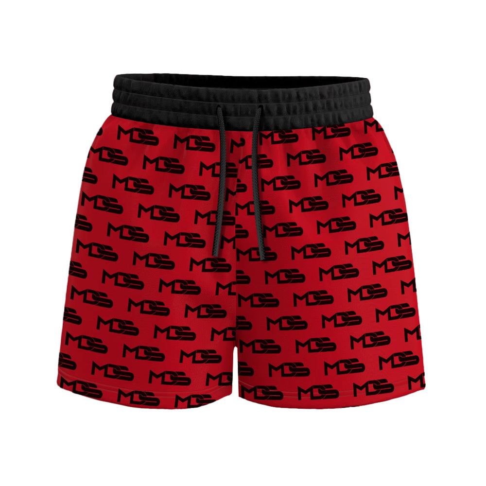 Calções de verão MDS com estampa de logo em fundo vermelho, cós elástico e cordão ajustável.